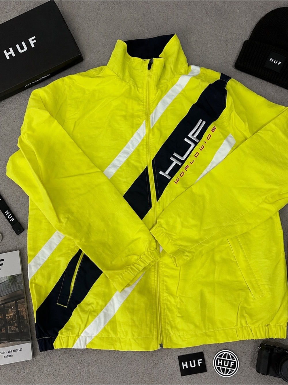 HUF Palisade Worldwide Track Jacket Neon Yellow Reflective Men L Full Zip Retro